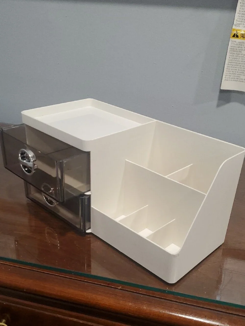 White Makeup Organizer with Smoke Drawers and Divided Compartments